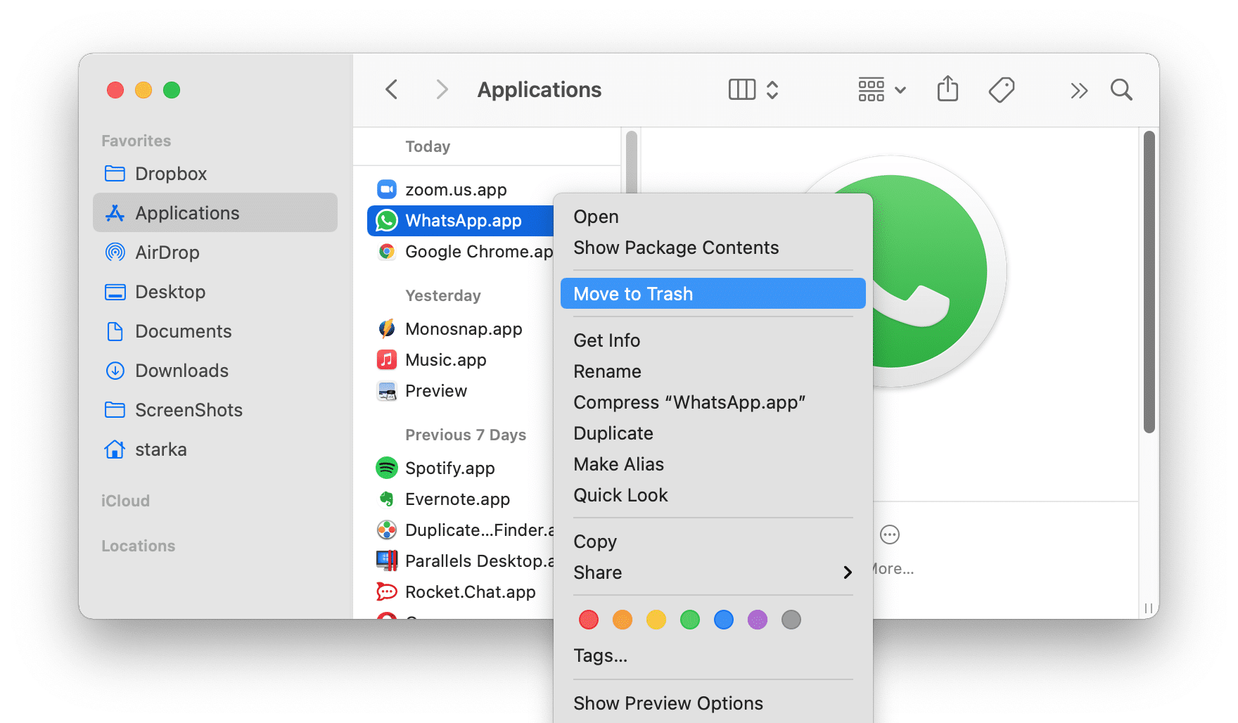 removing WhatsApp from the Applications folder