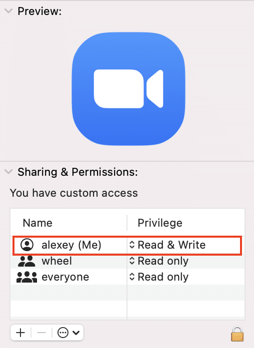 Get Info window showing Sharing & Permissions section