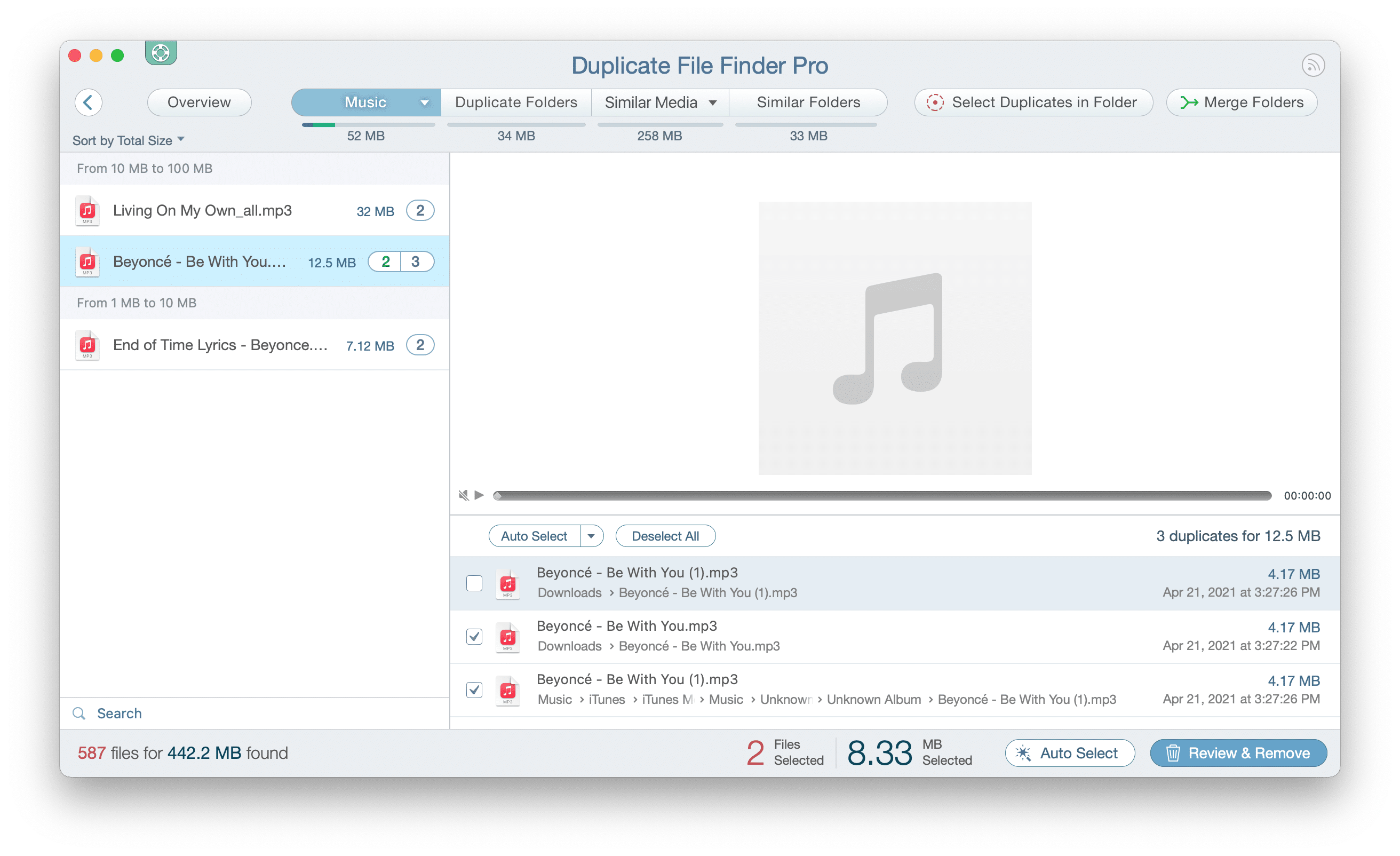 Duplicate File Finder showing duplicate music files