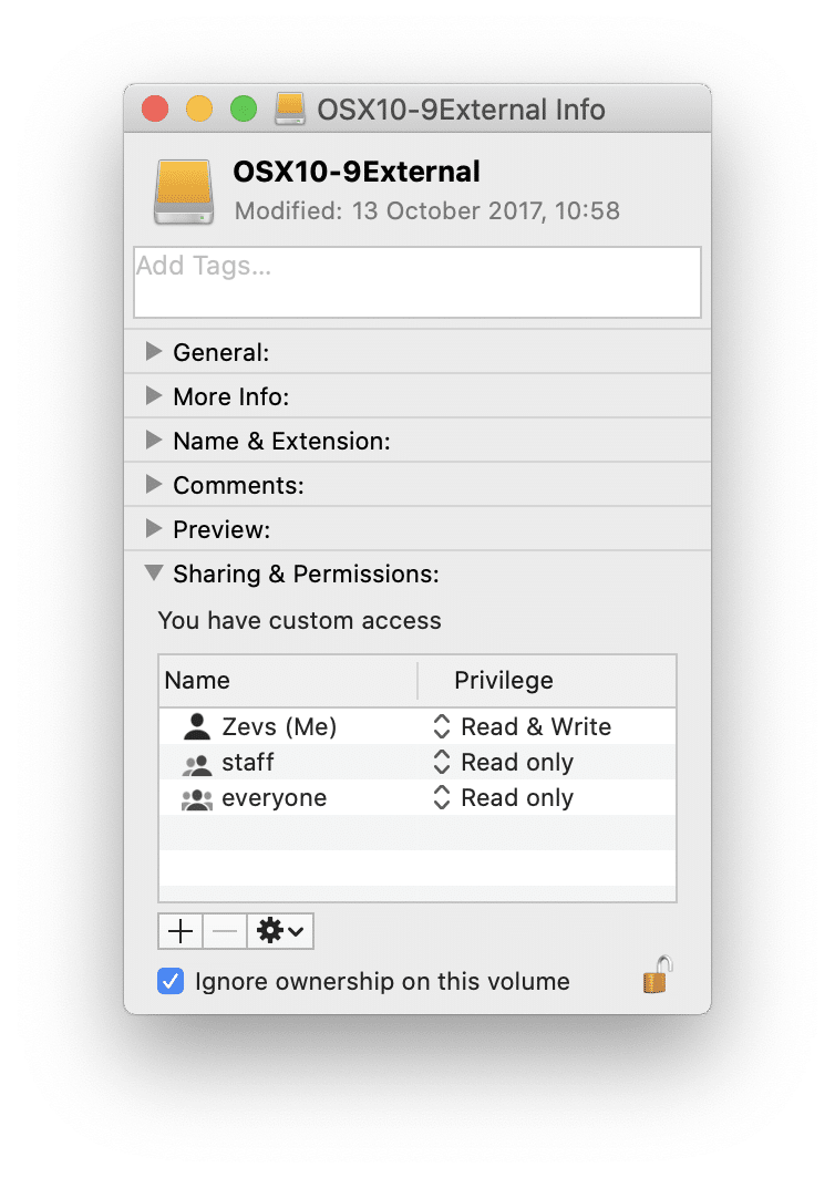 Ignore ownership on this volume