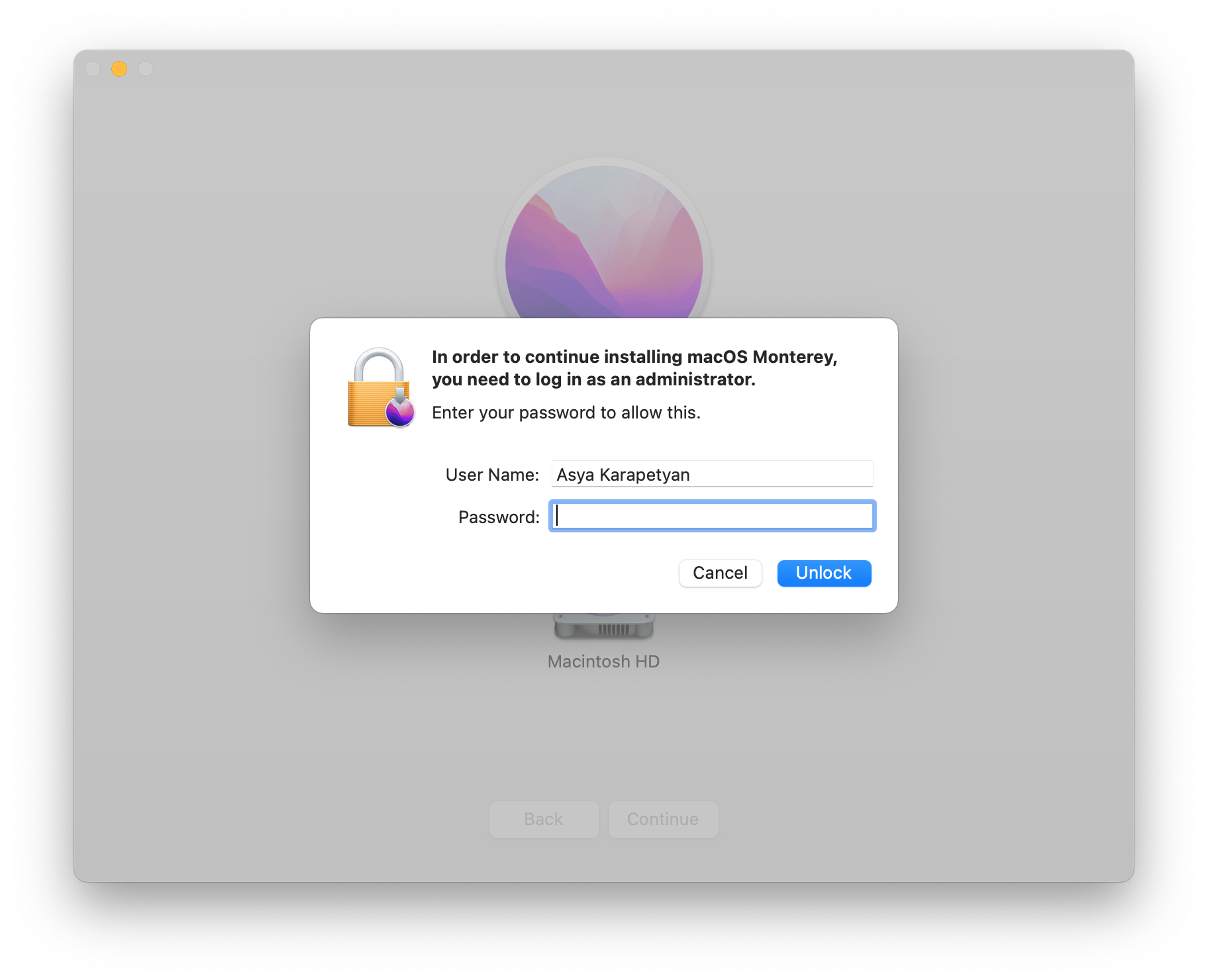 confirmation password to install macOS Monterey