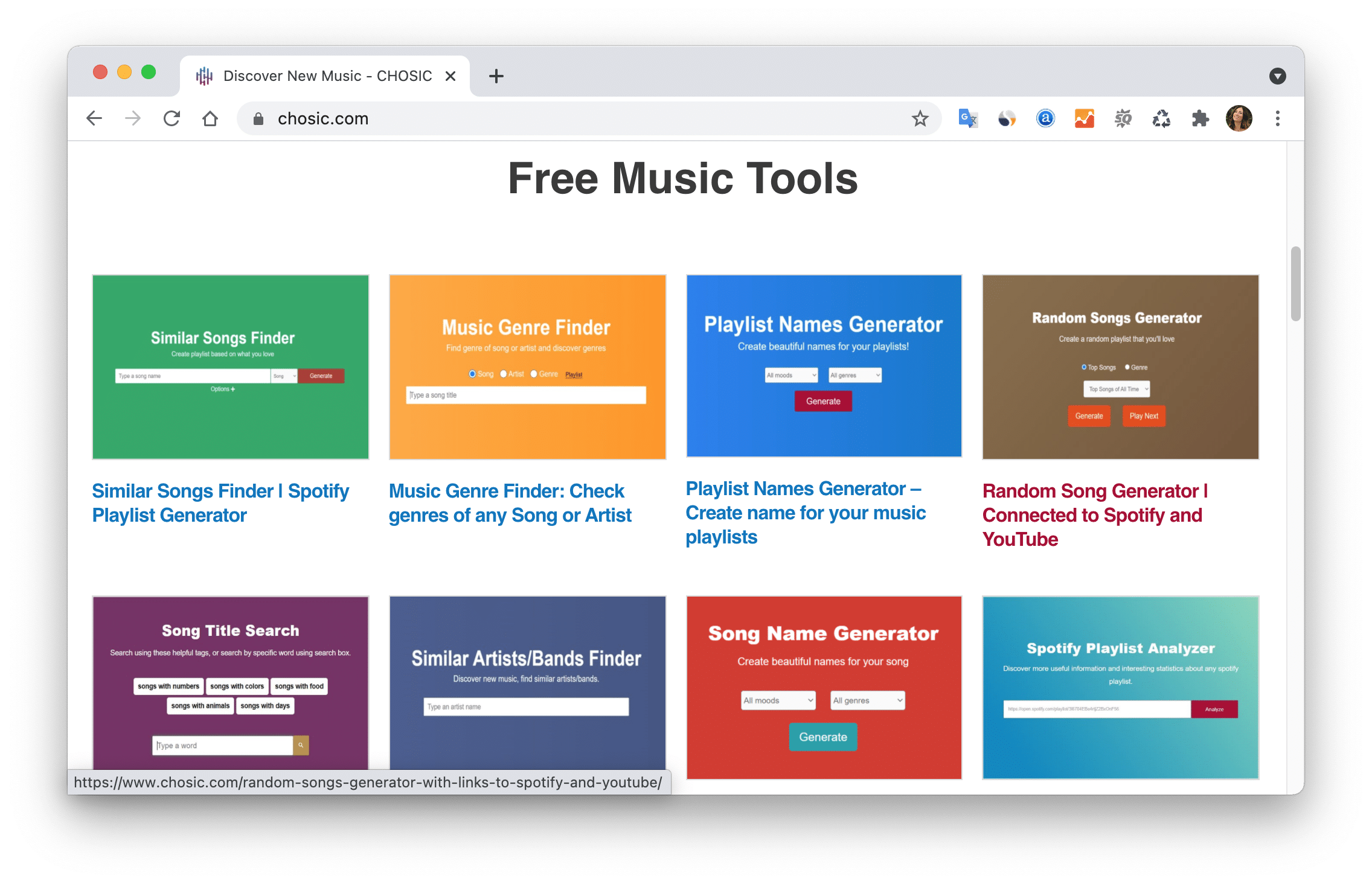 website page showing Chosic free music tools