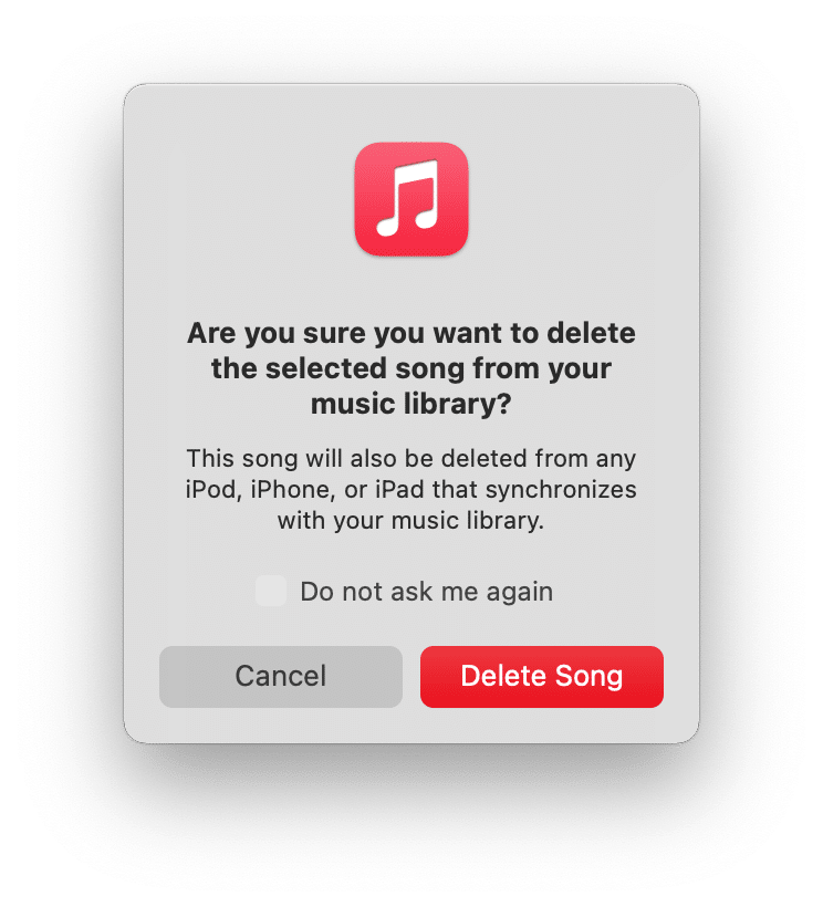 confirmation window to delete a song from Music Library