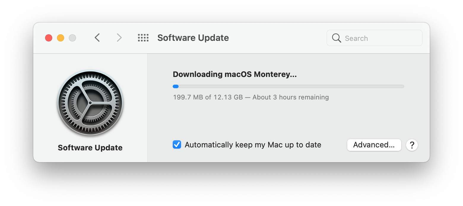 software update window showing the progress bar of Monterey downloading