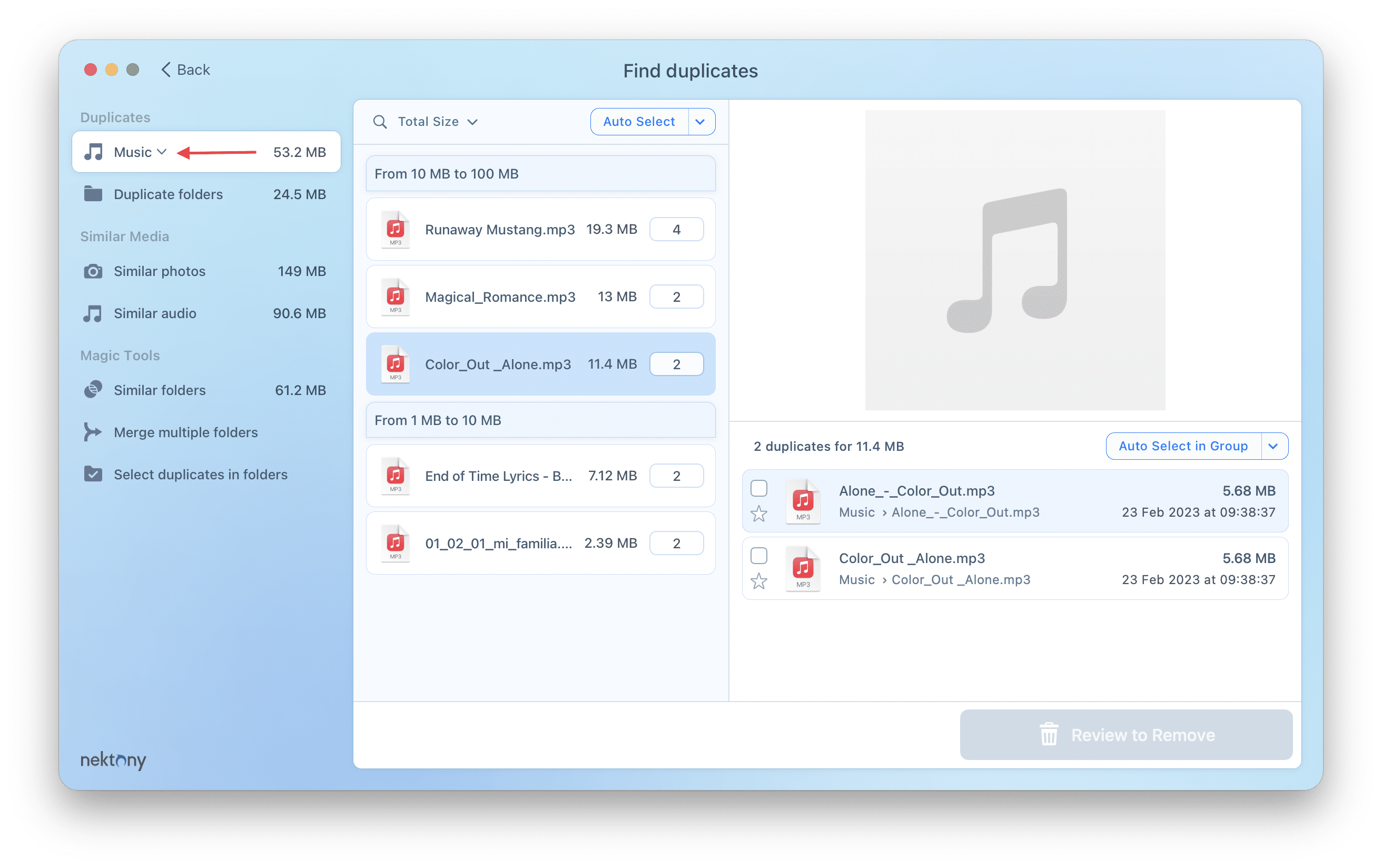 Duplicate File Finder showing duplicate music files
