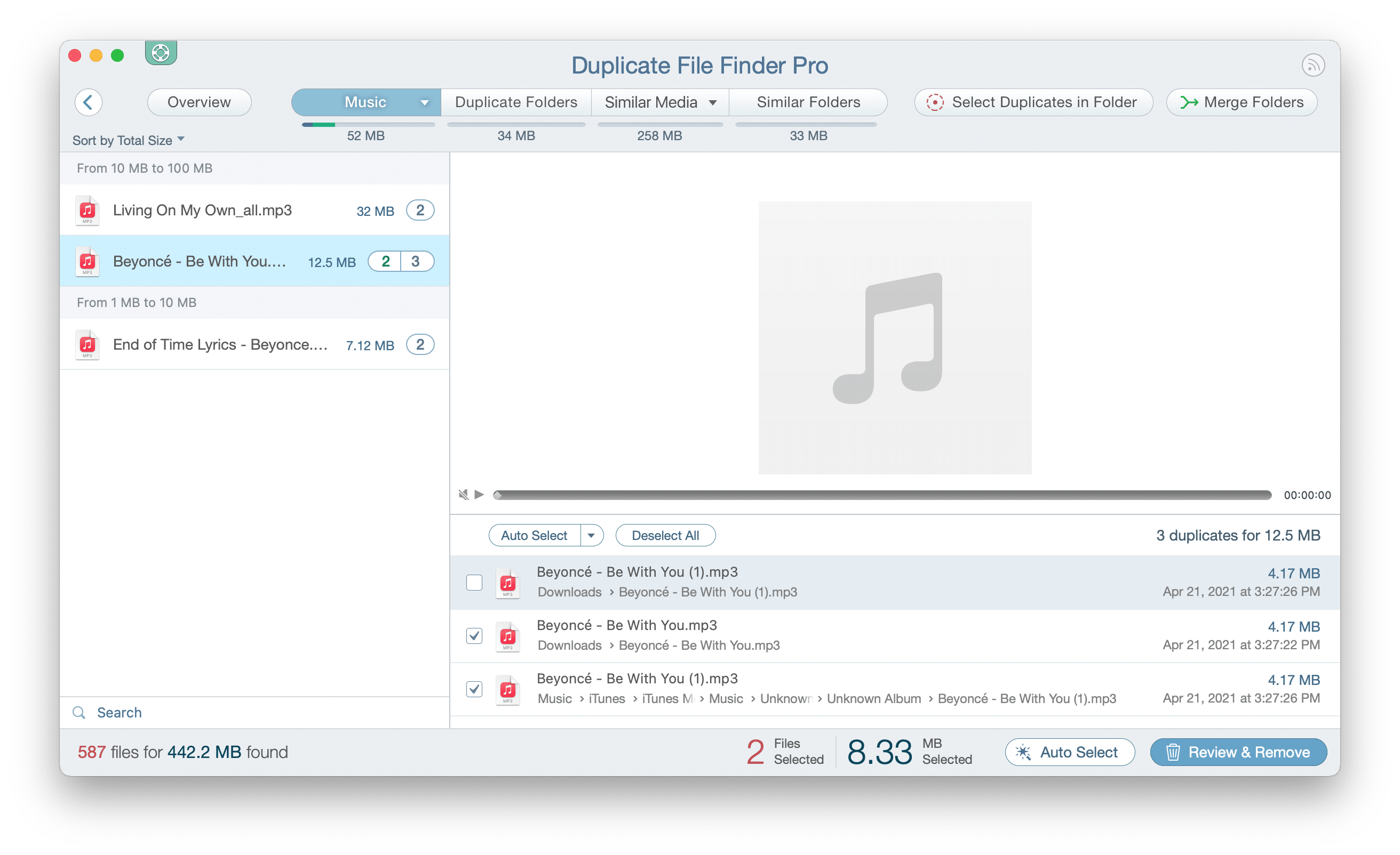 Remove duplicate music from Mac Duplicate File Finder showing duplicate music files