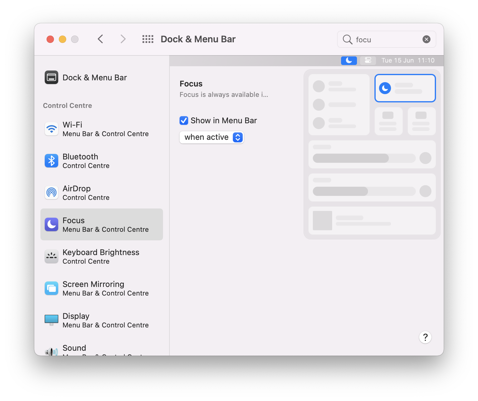 System Preferences window showing the Focus option