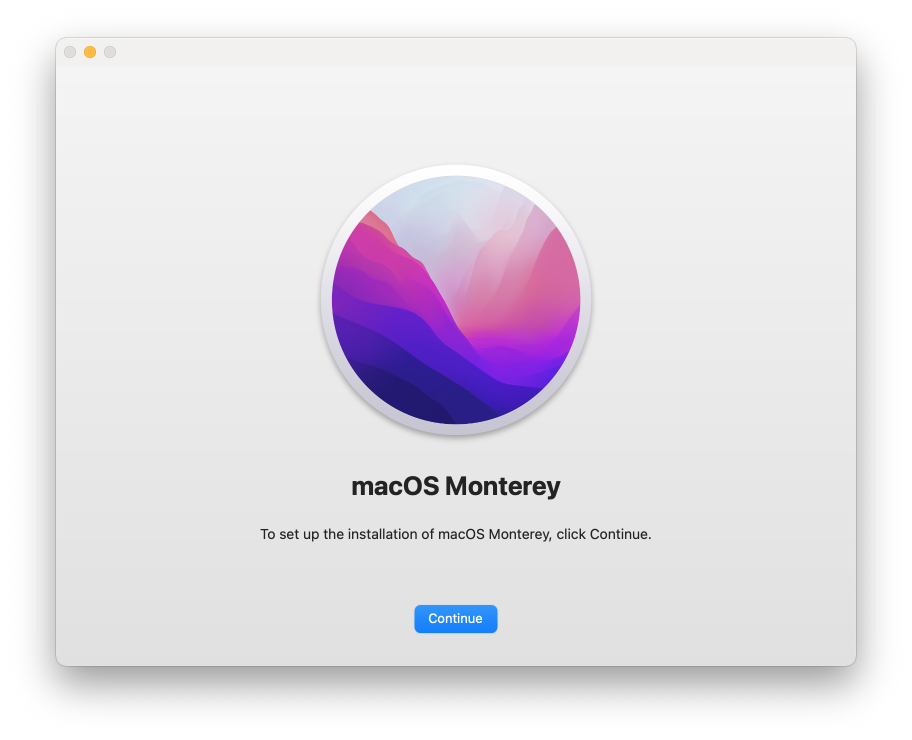 macOS Monterey installation start window