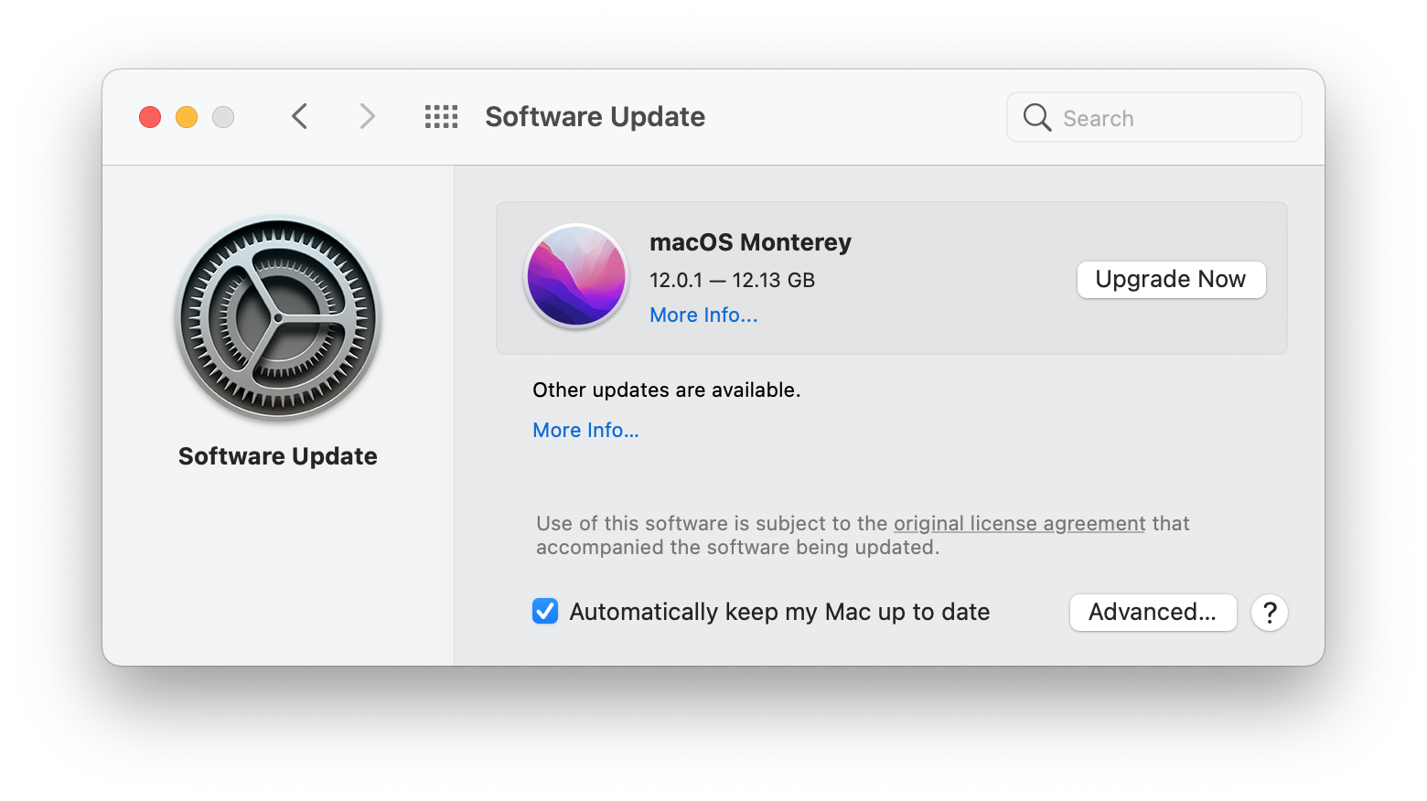 software update window showing the Upgrade button for macOS Monterey