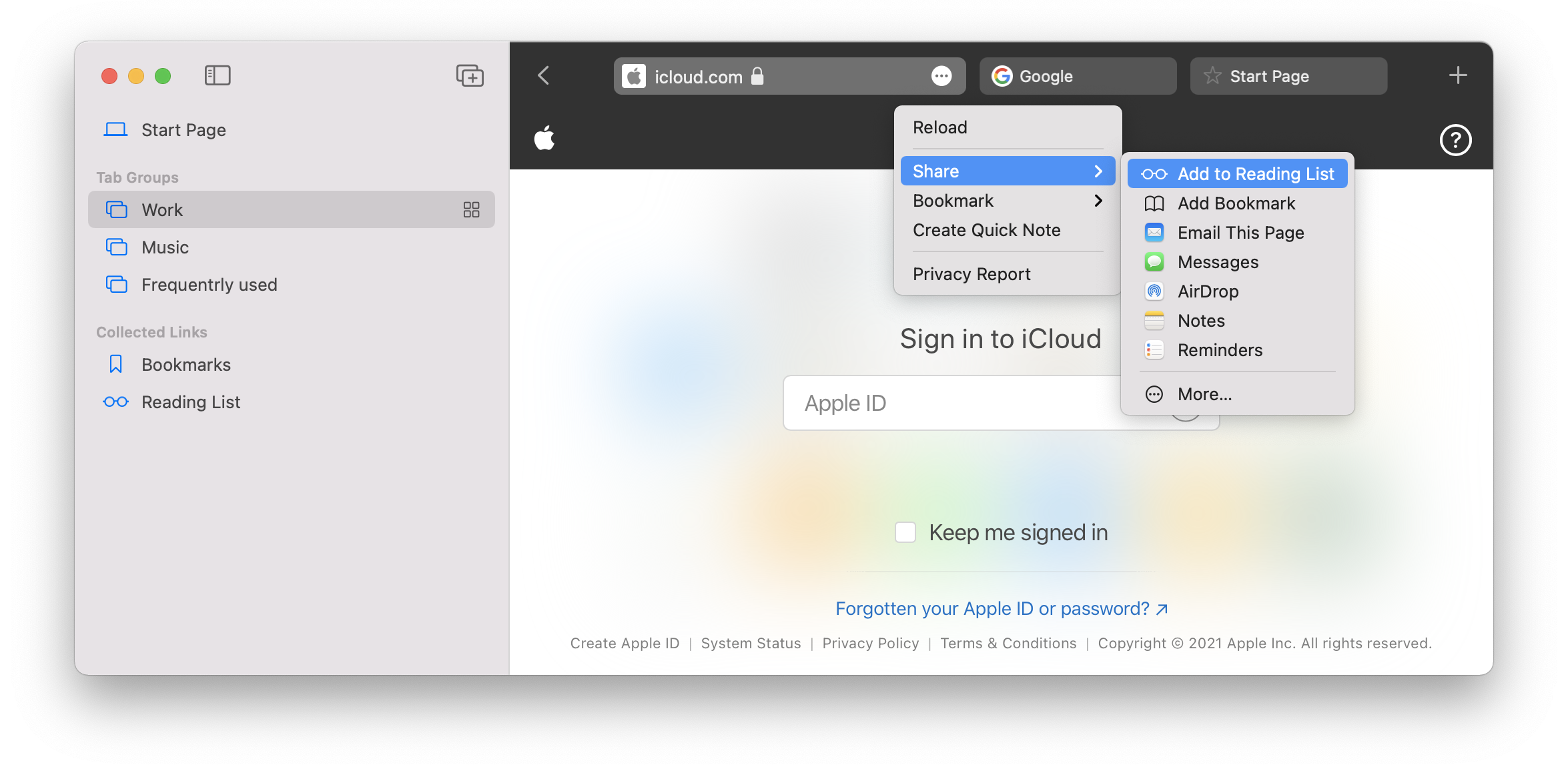 Safari window on macOS Monterey showing tab groups