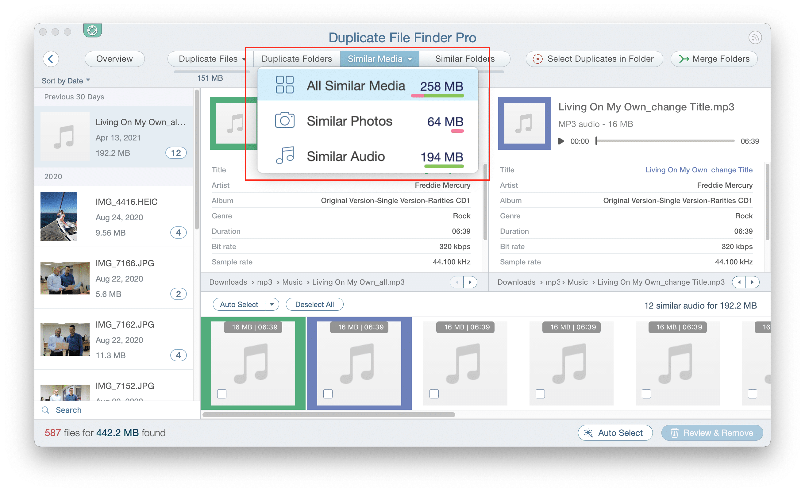 Remove similar media files from Mac Duplicate File Finder showing Similar media files