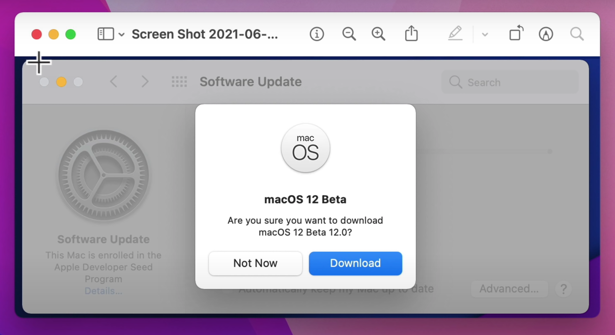 Popup window with the button to download macOS 12 beta
