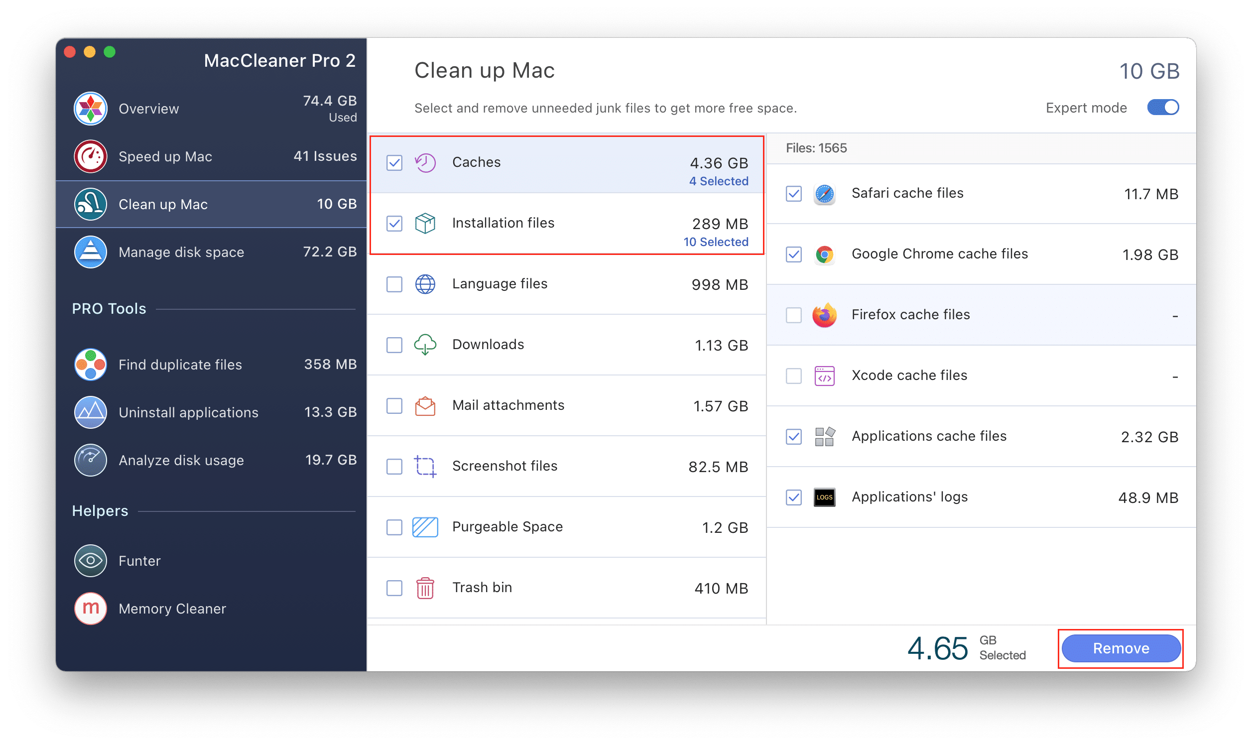 Remove caches and installation files with MacCleaner Pro MacCleaner Pro with caches and installation files highlighted