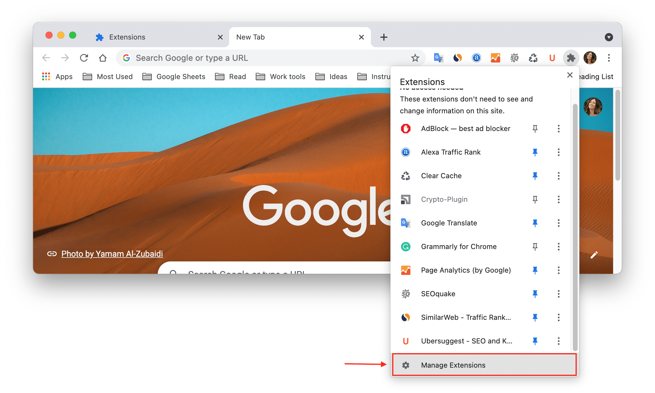 Chrome Extensions menu