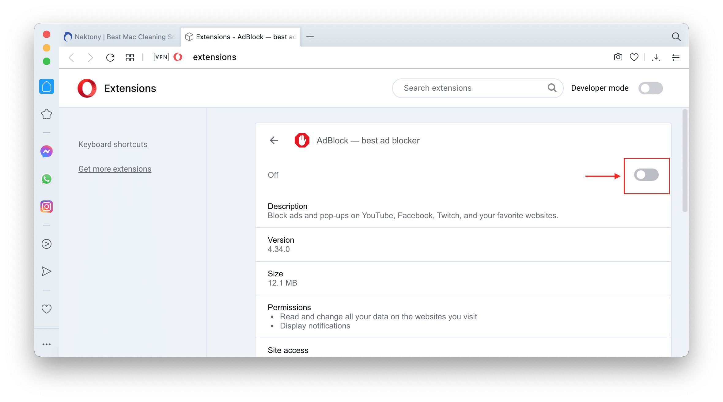 Opera extensions window showing button to disable AdBlock