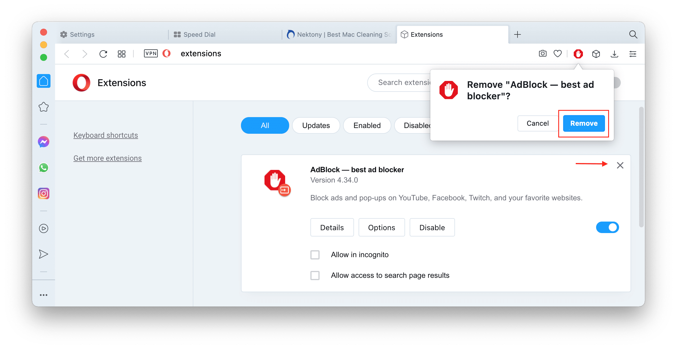 Extensions window in Opera showing how to remove AdBlock