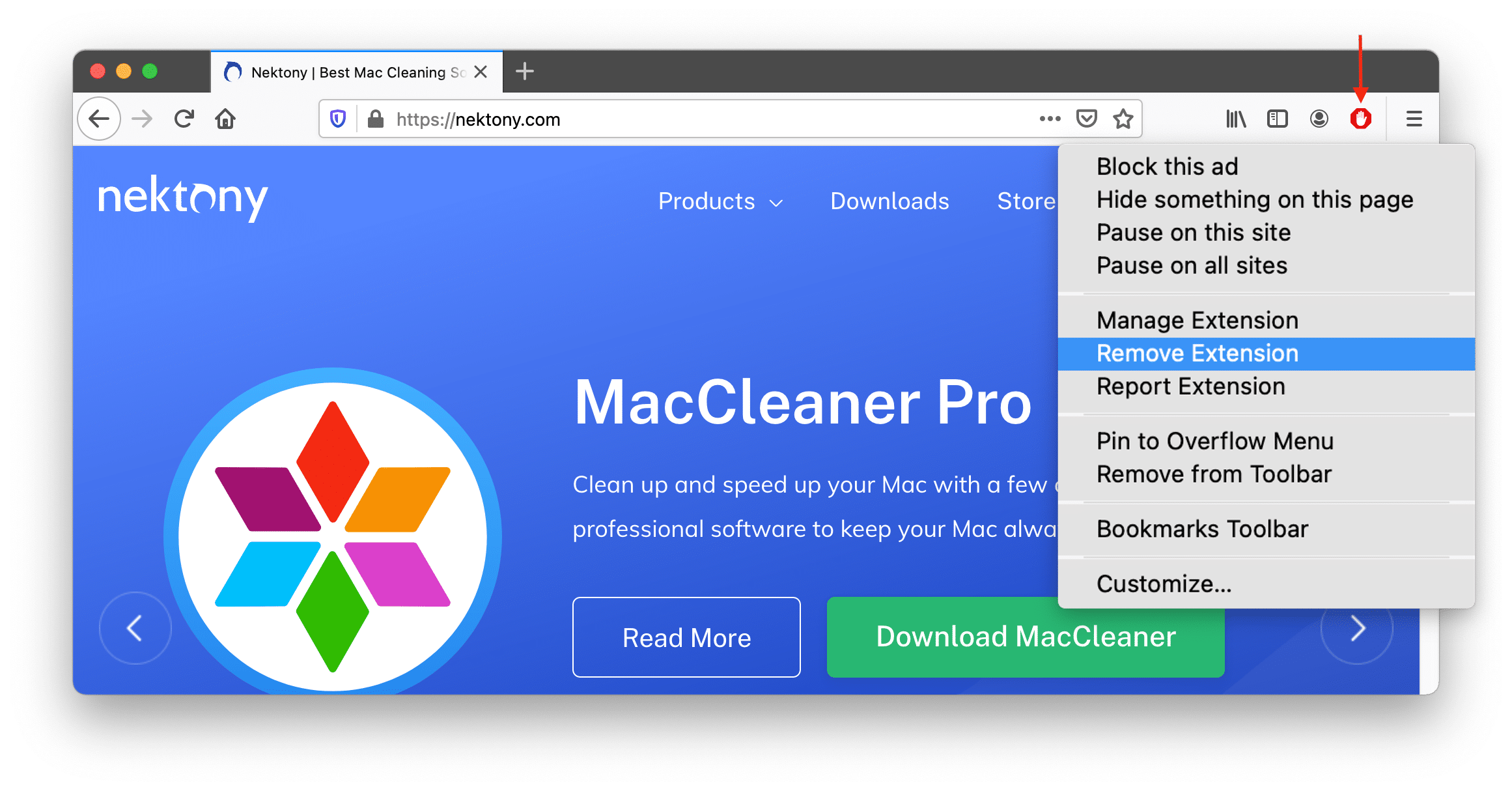 Firefox window showing how to remove AdBlock