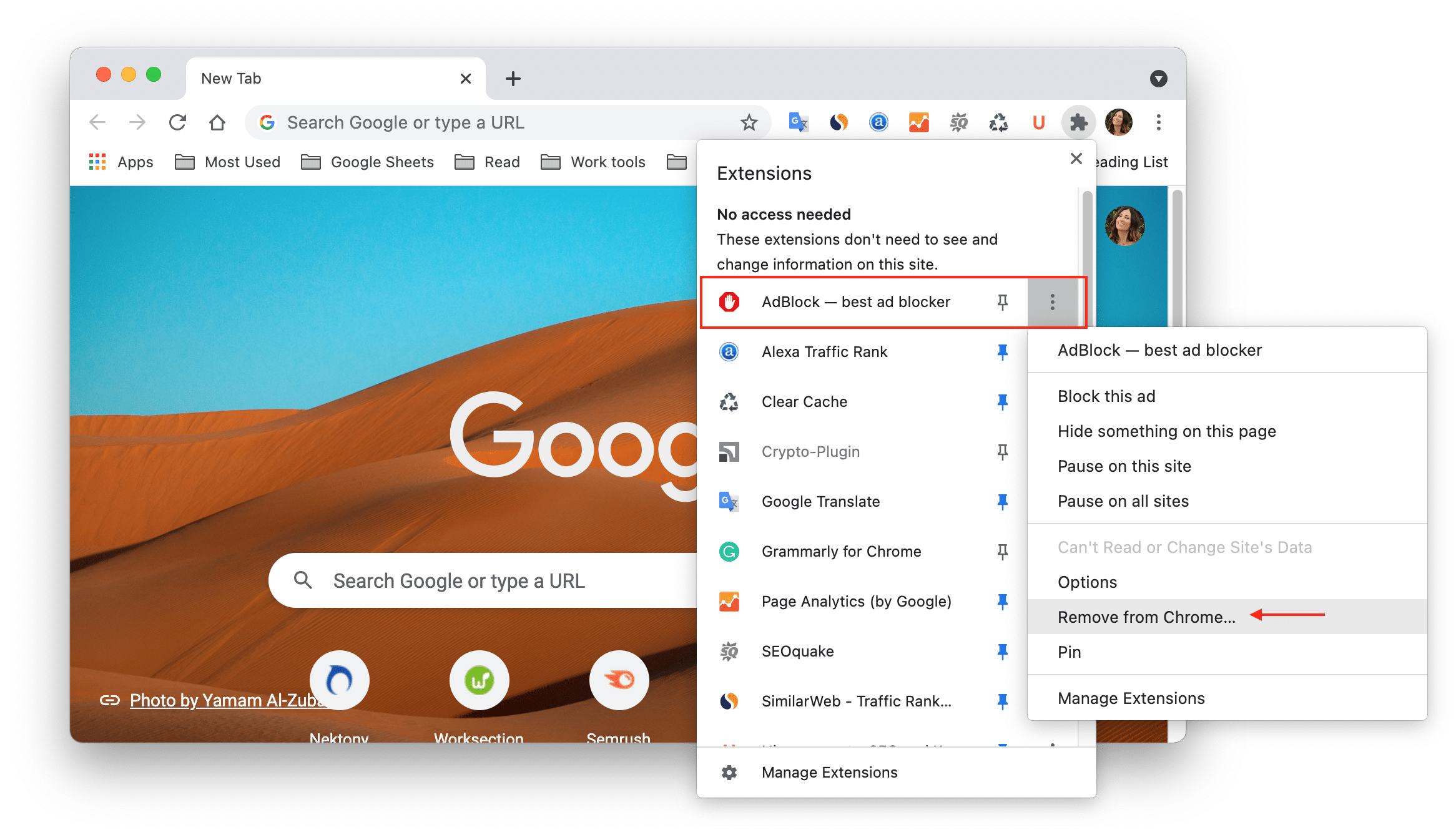 Chrome window showing how to remove AdBlock