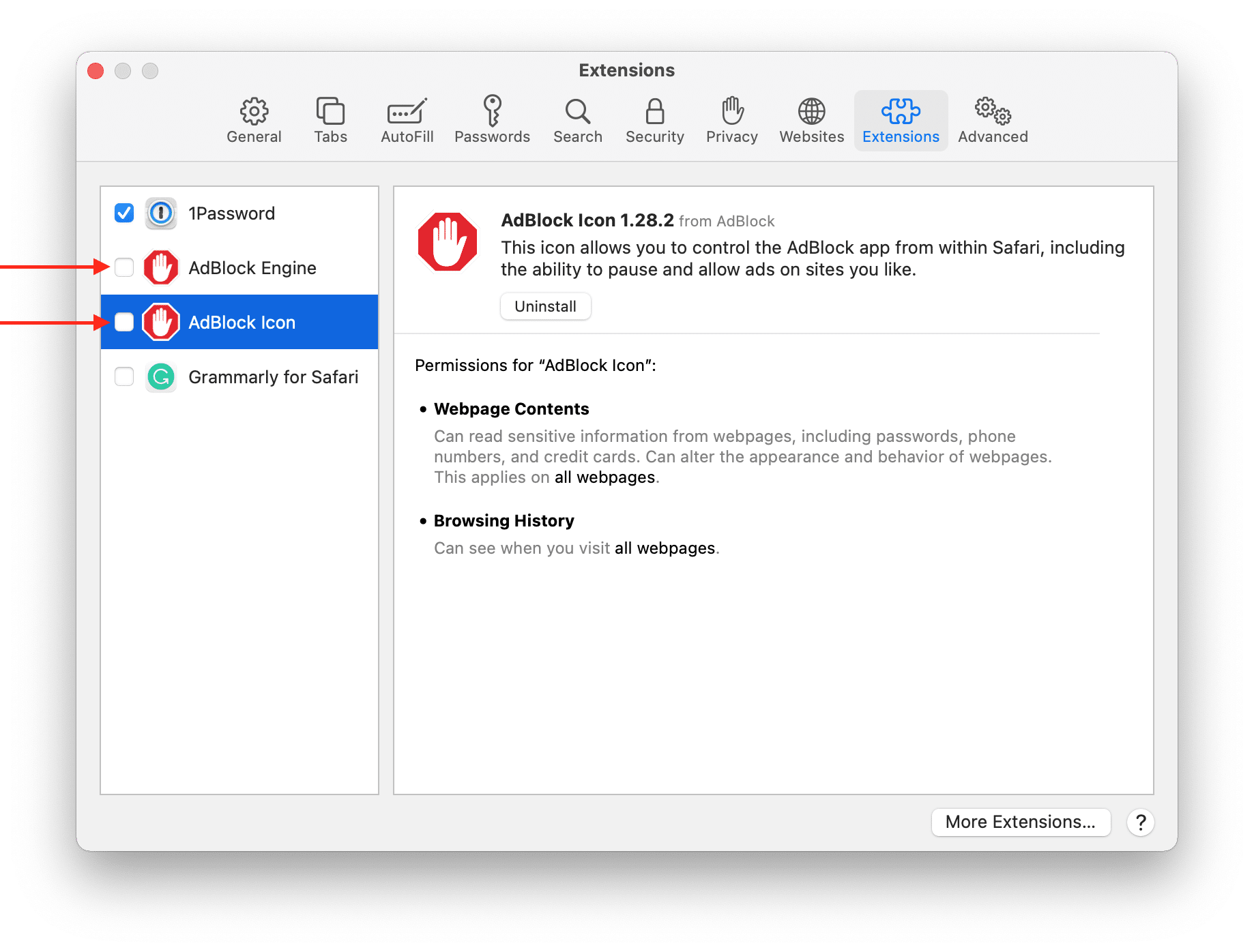 Safari Preferences showing the Extensions tab and AdBlock items