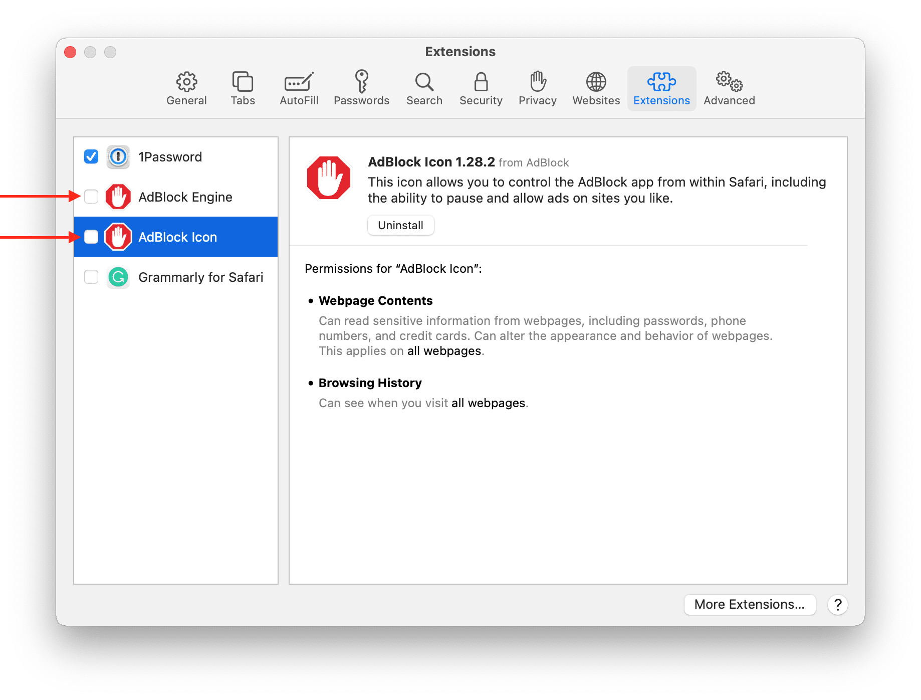 How to remove extensions in Safari