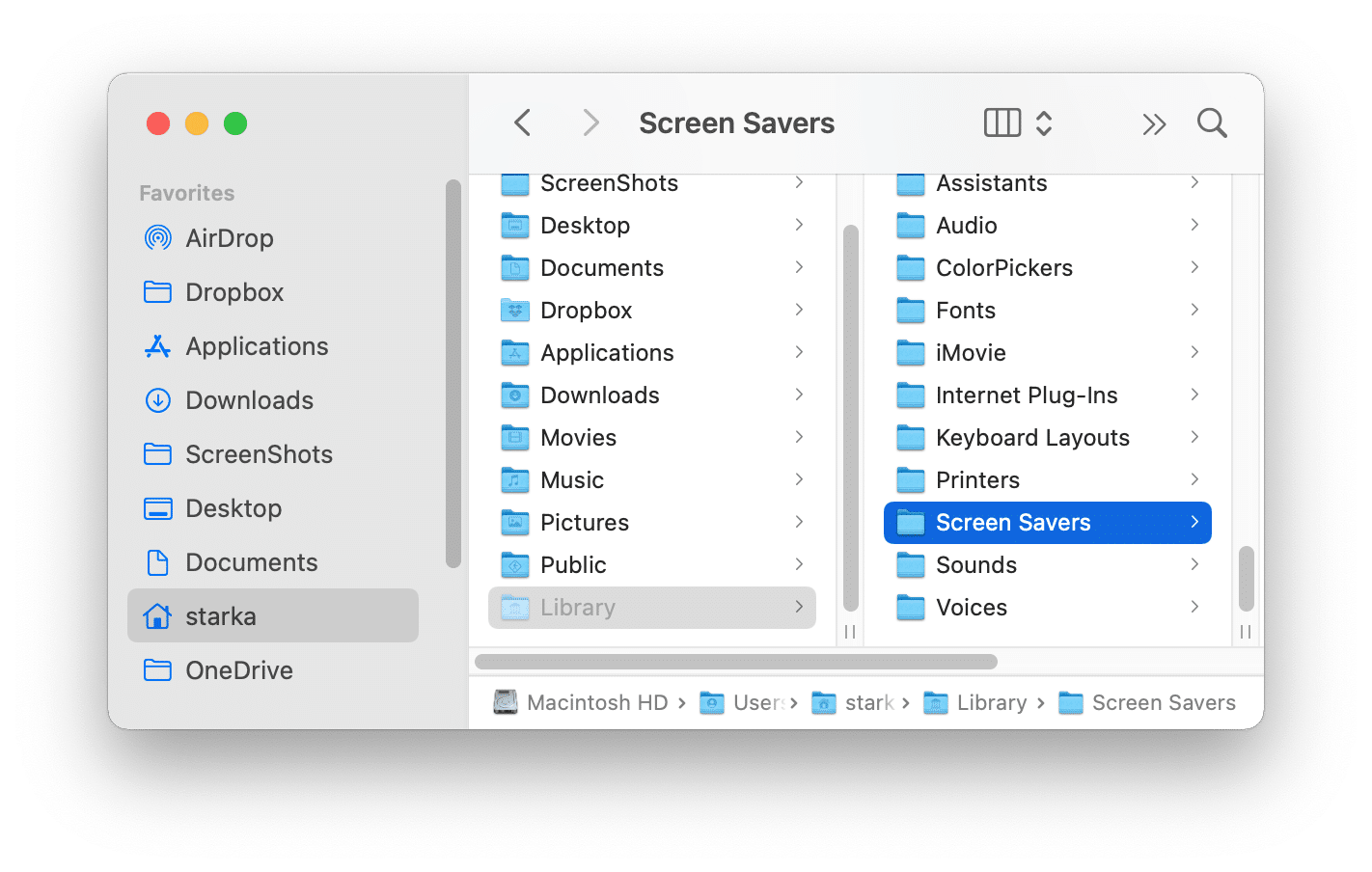 Remove unneeded screen savers Finder window showing the Screen Savers folder