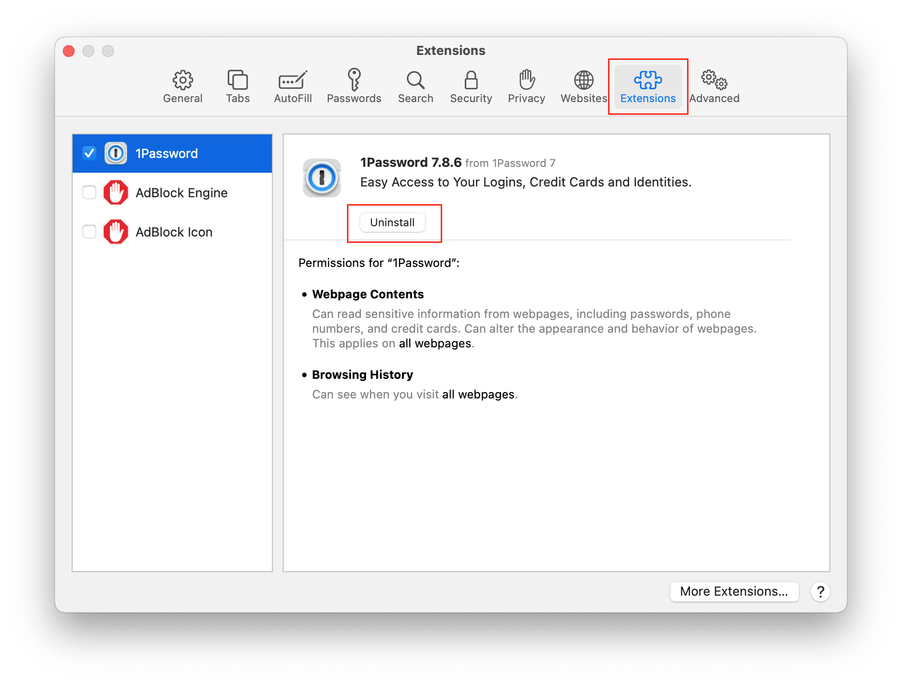 Click to uninstall extensions in Safari Safari Preferences window showing how to uninstall extensions