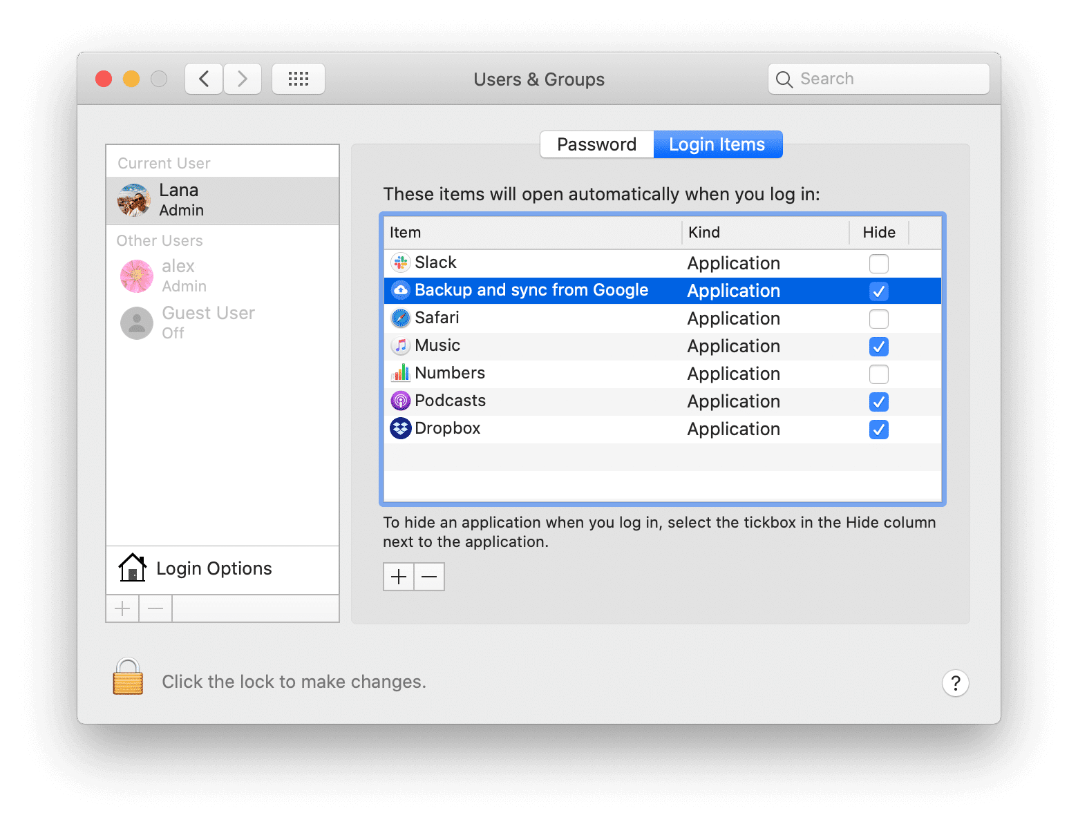 Login Items in Mac Preferences window