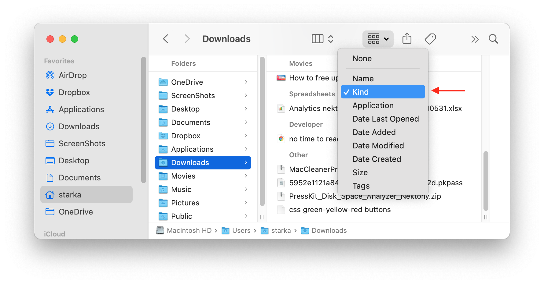 Sorting files in Downloads folder by kind