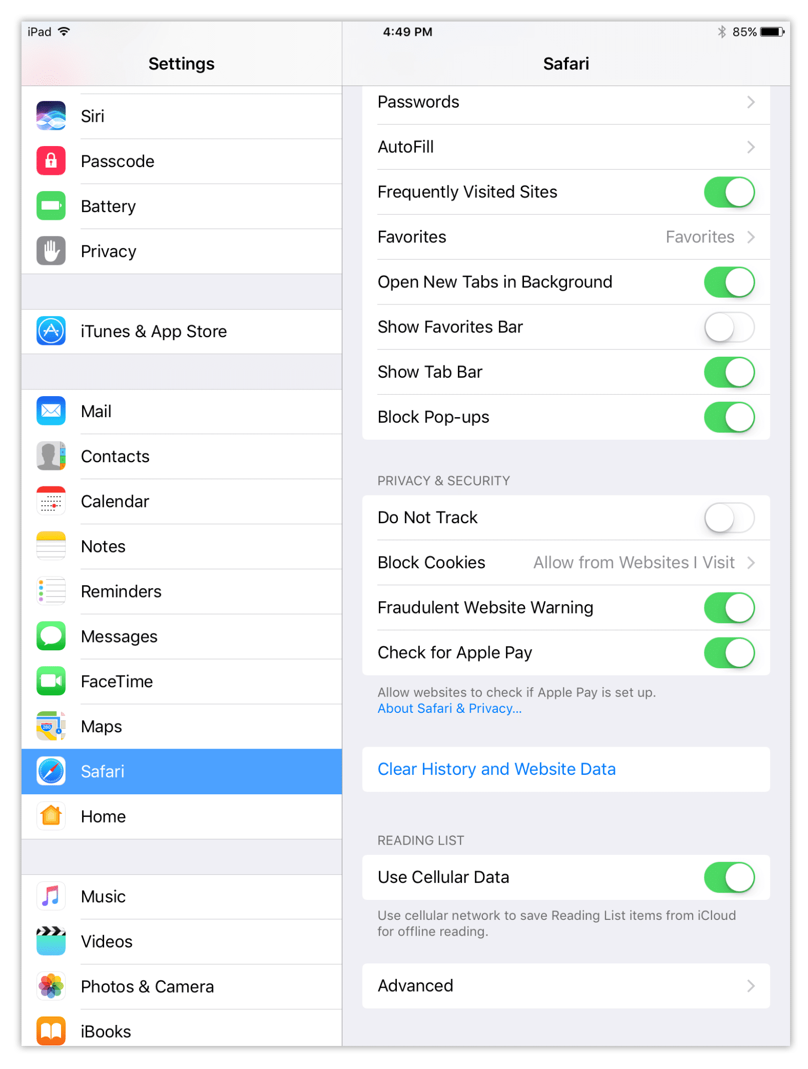 Clear history and website data in safari on iPad
