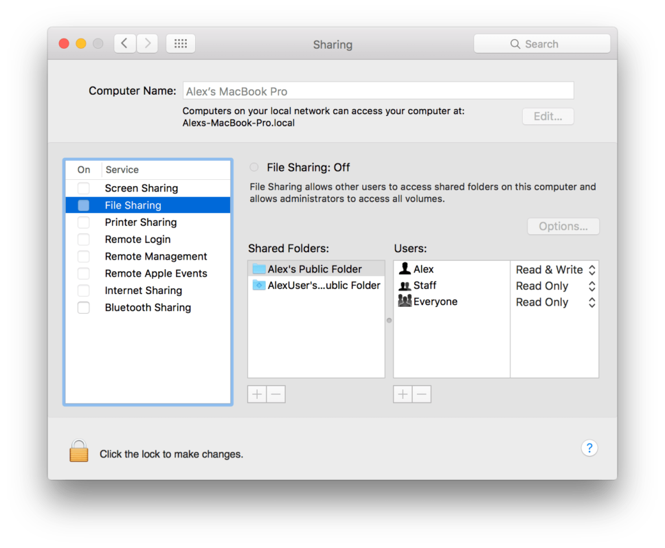 File Sharing option selected in Sharing Preferences