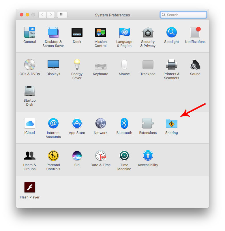 System Preferences with Sharing selected