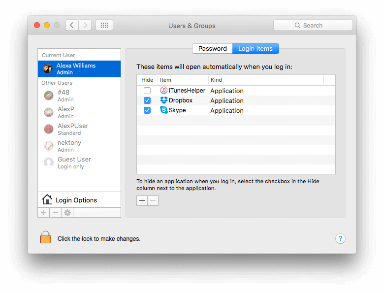 System preferences window - Users and groups - login items tab