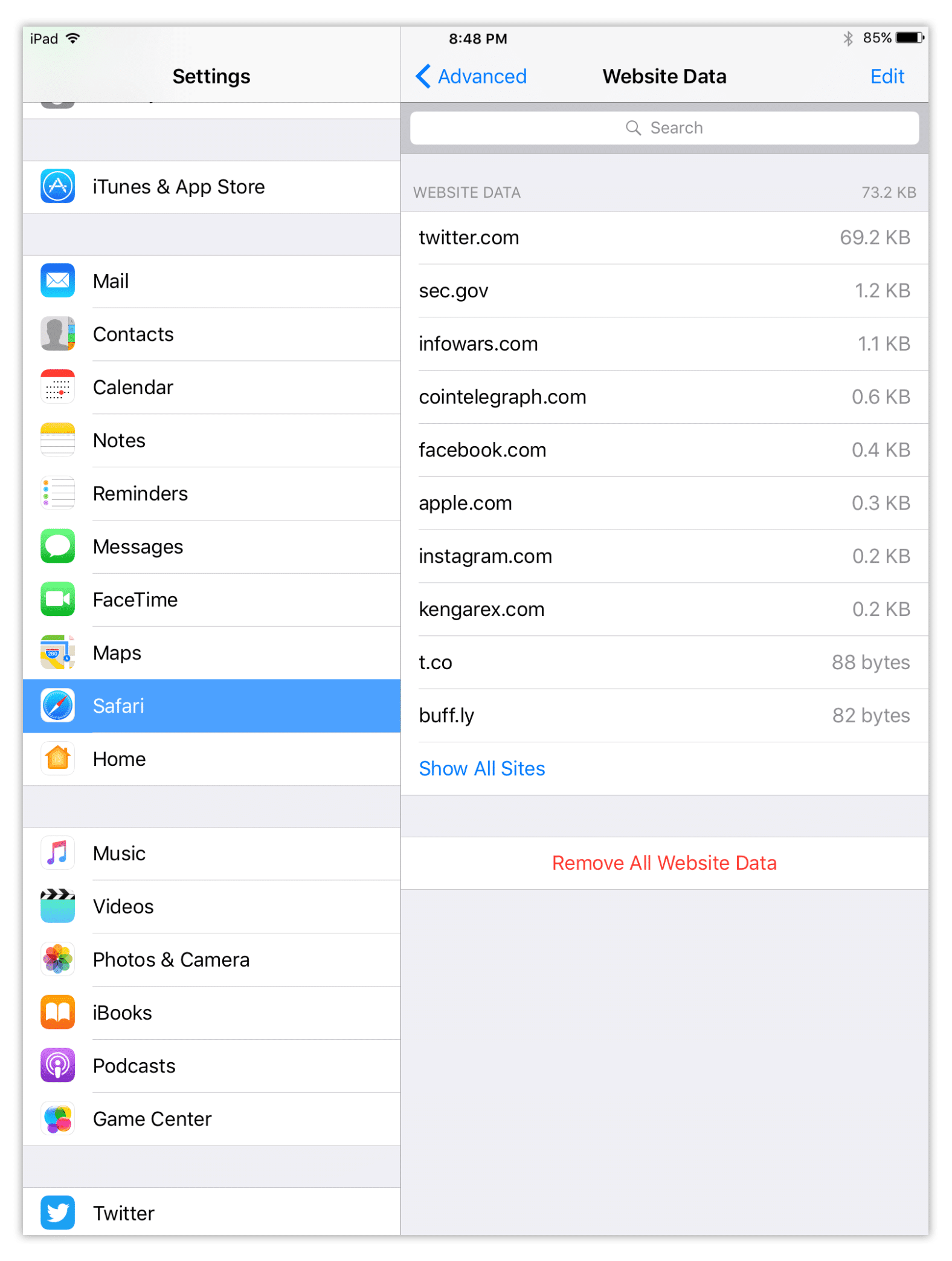 Remove all website data in Safari pn iPad