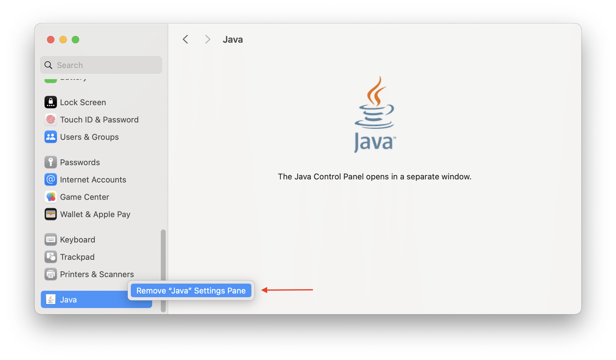 Removing Java settings pane