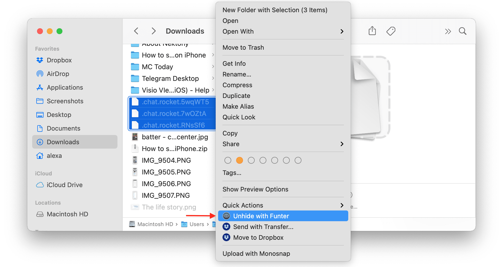 Unhide with Funter option selected in Finder drop-down menu