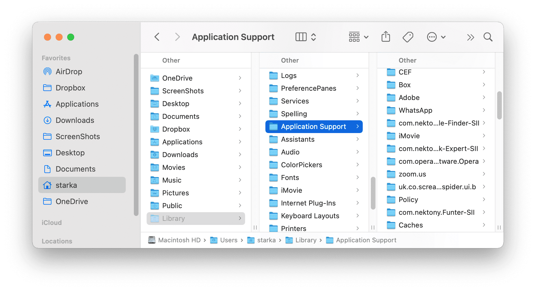 Finder window showing Application Support folder in the Library