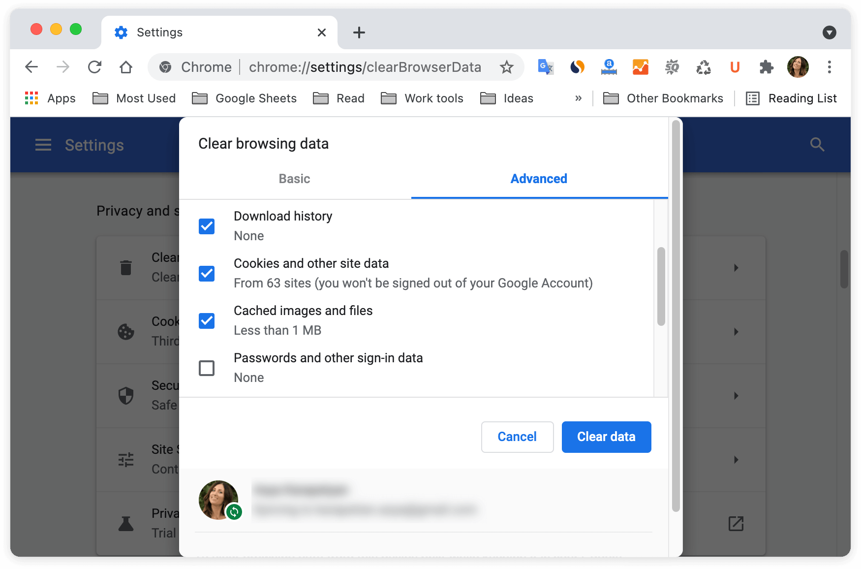 Google preferences showing a popup to clear cache