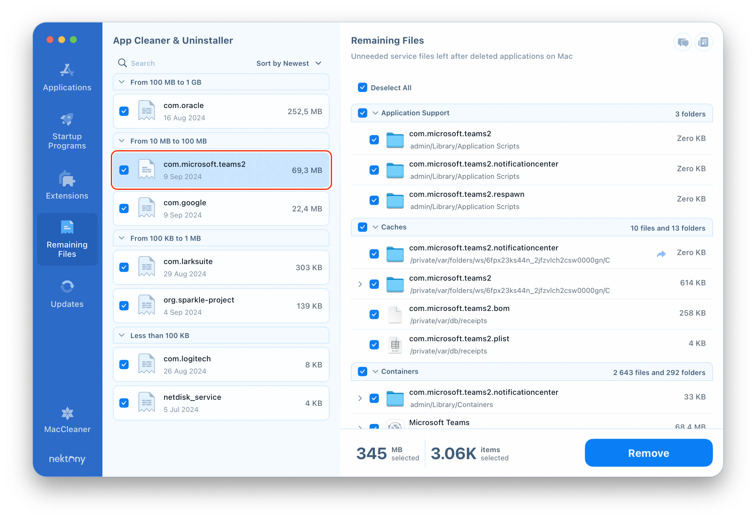 App Cleaner & Uninstaller showing Microsoft Teams remaining files