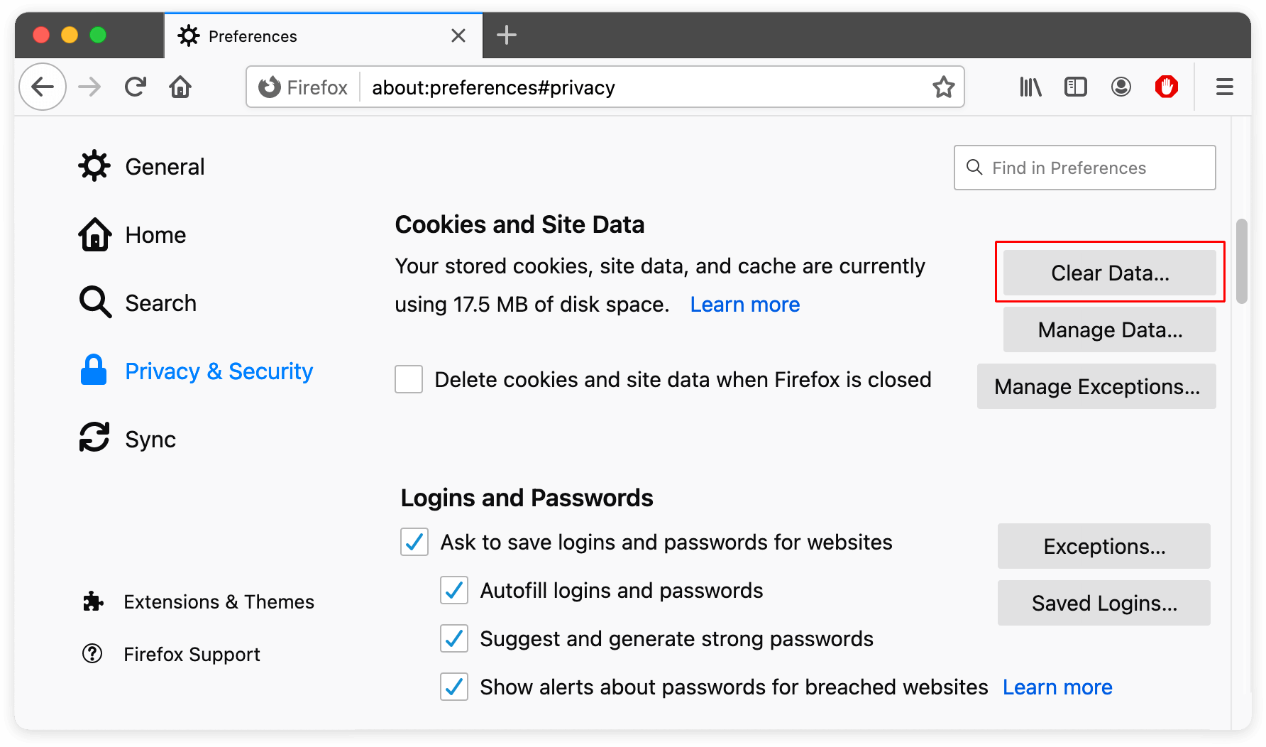 Firefox preferences window showing how to clear cache
