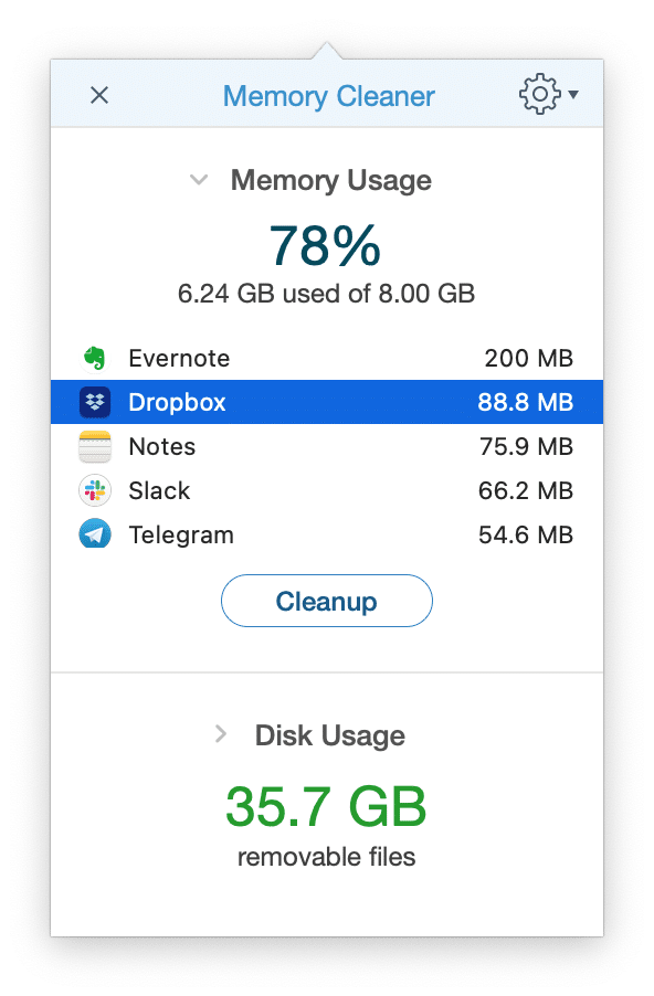 Memory Cleaner showing high memory usage of Dropbox