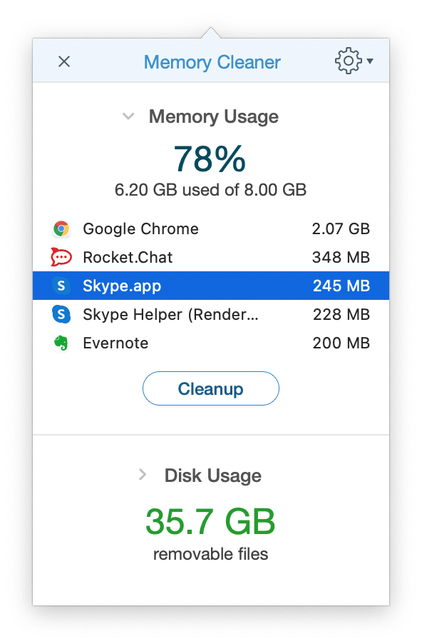 Memory Cleaner showing high memory usage of Skype