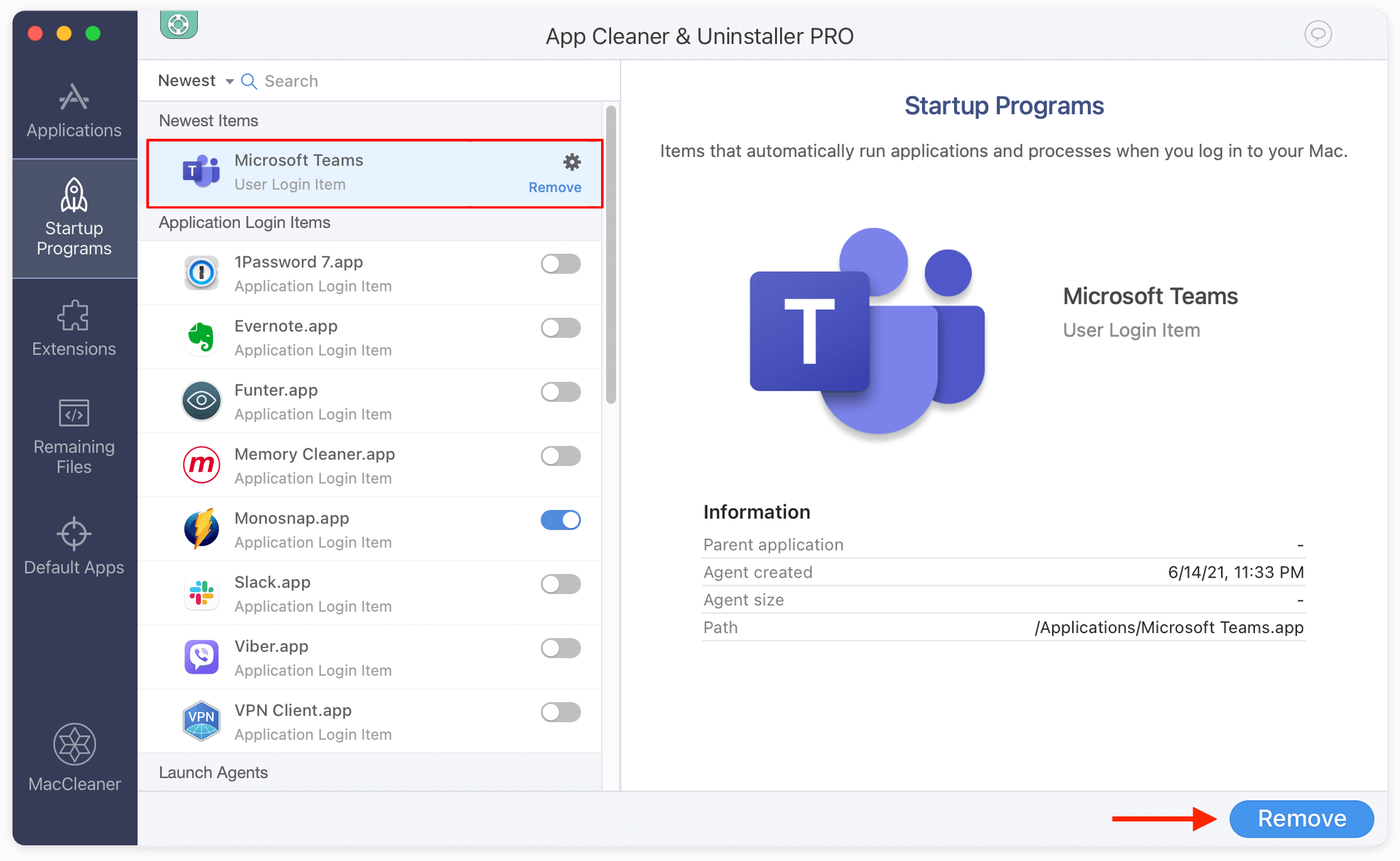 Click on Remove to stop Microsoft Teams from starting automatically