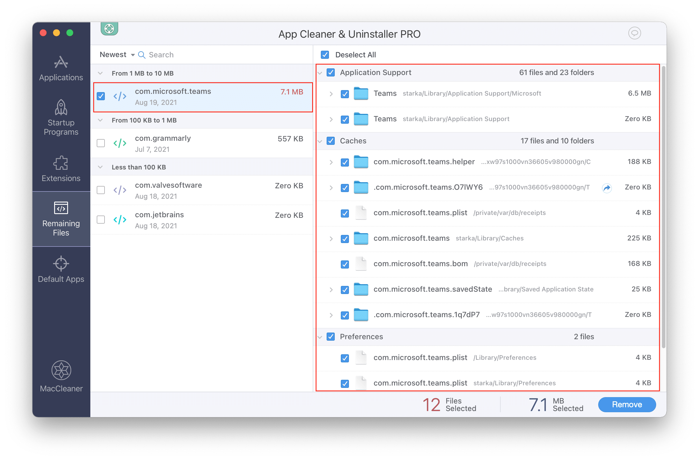 App Cleaner & Uninstaller showing Microsoft Teams remaining files