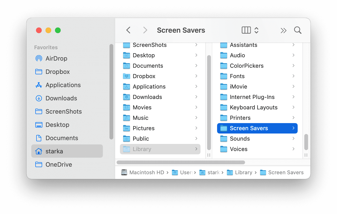 Finder window showing the Screen Savers folder