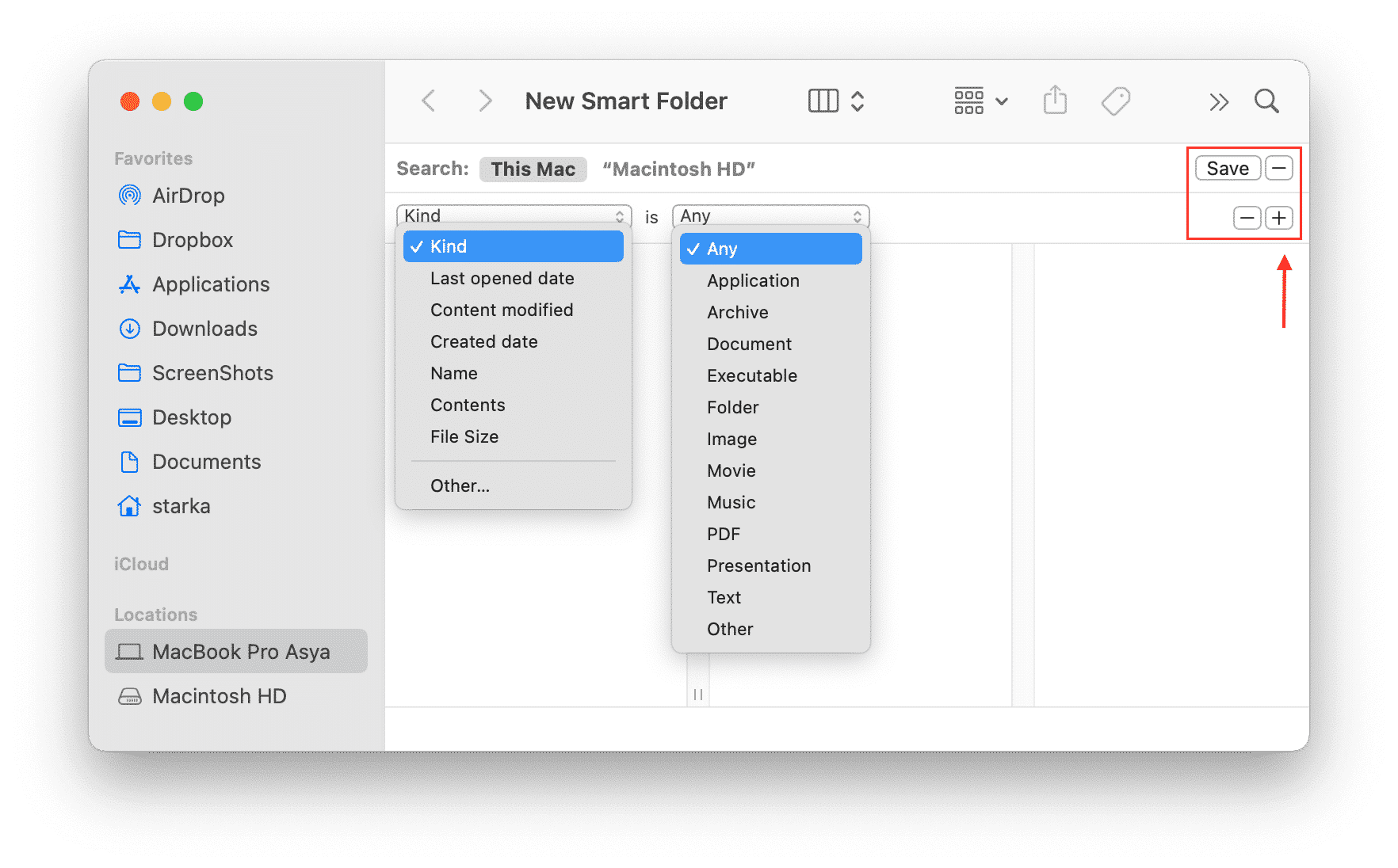 Smart Folder in Finder showing filters drop menus
