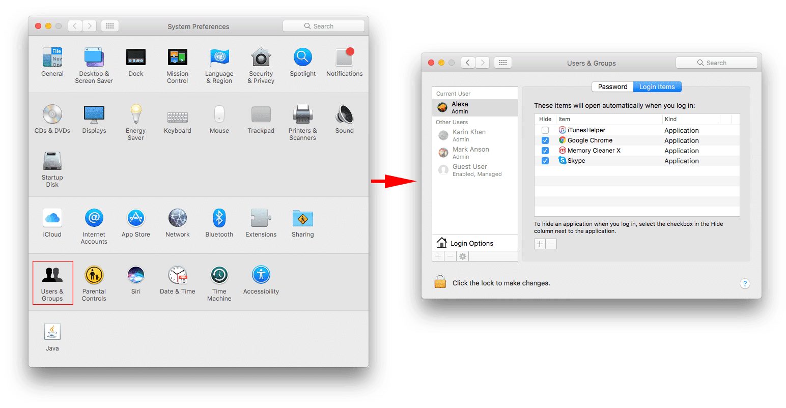 Login items tab in User & Groups section of System preferences