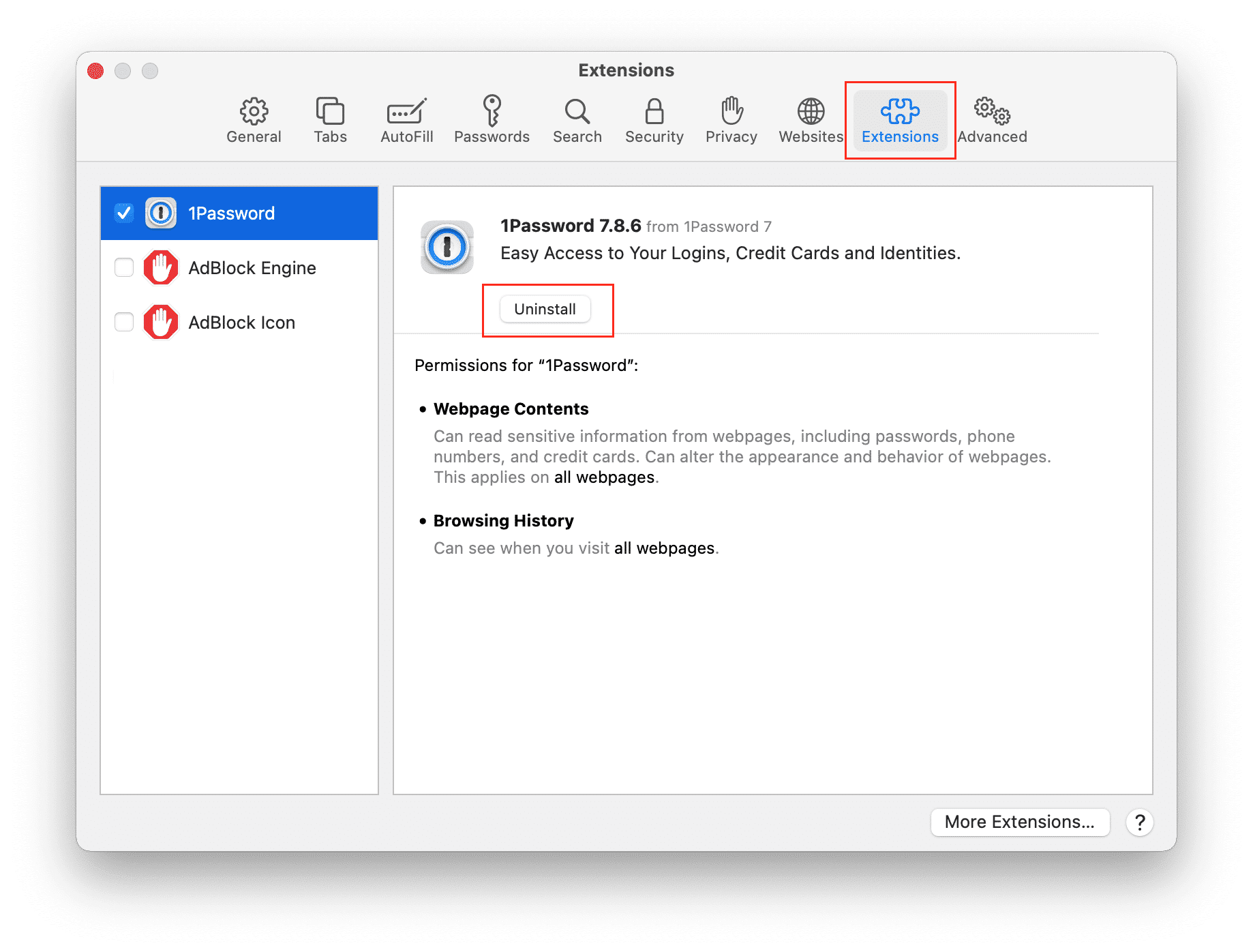 Safari Preferences window showing how to uninstall extensions