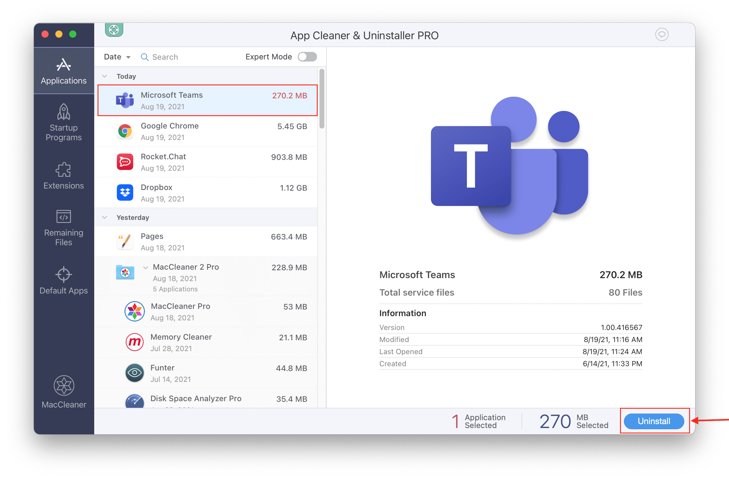Click to uninstall Microsoft Teams uninstalling Microoft Teams with App Cleaner & Uninstaller