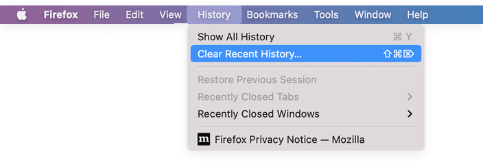 Clear Recent History option in Firefox menu bar