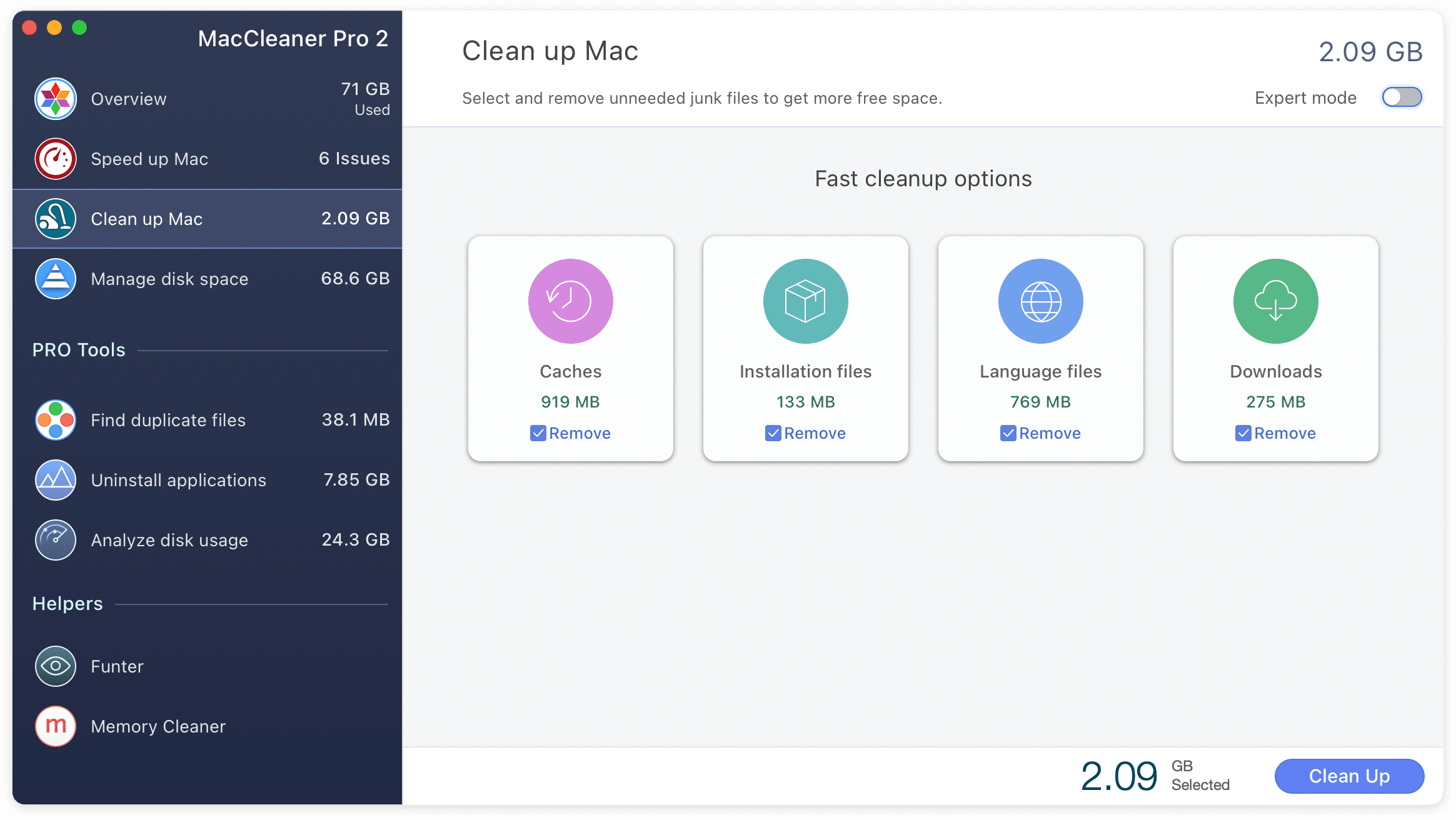 Mac Cleaner Pro clean up section